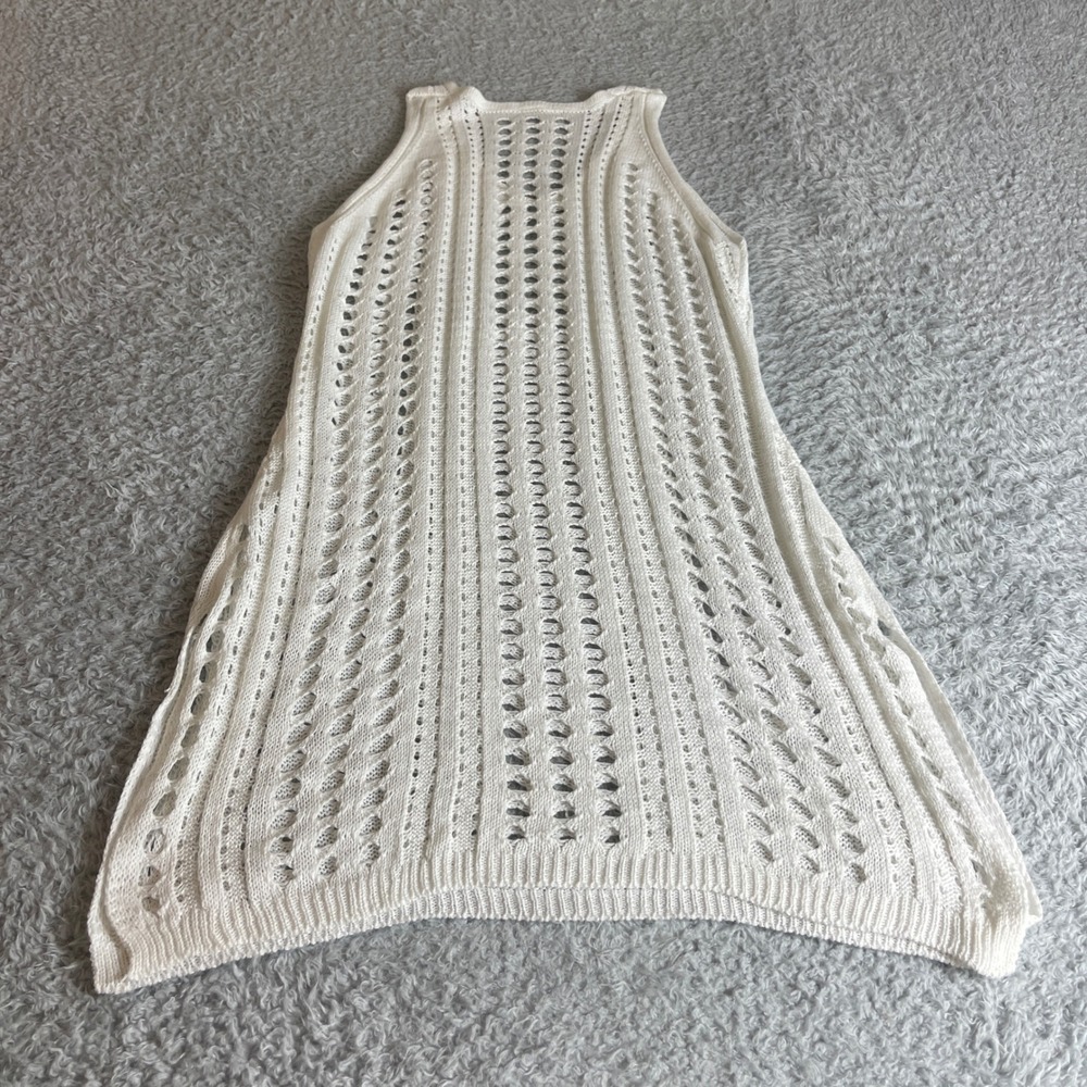 White Open Knit Crochet V Neck Sleeveless Beach Cover Up Tunic Large - Picture 8 of 9